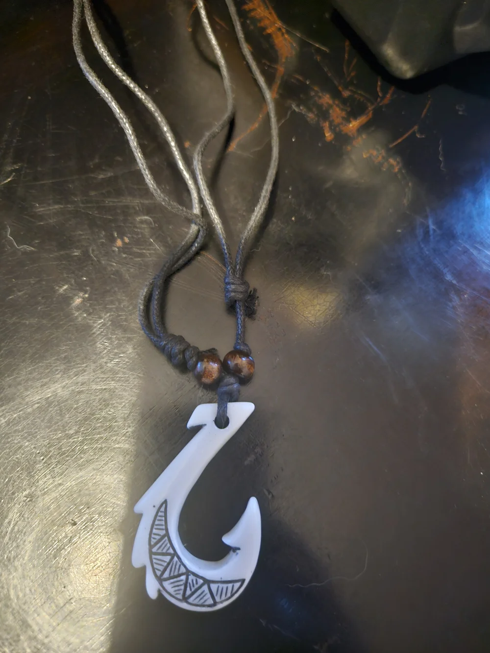 Handcrafted White Fish Hook Pendant Necklace with Tribal Detail
